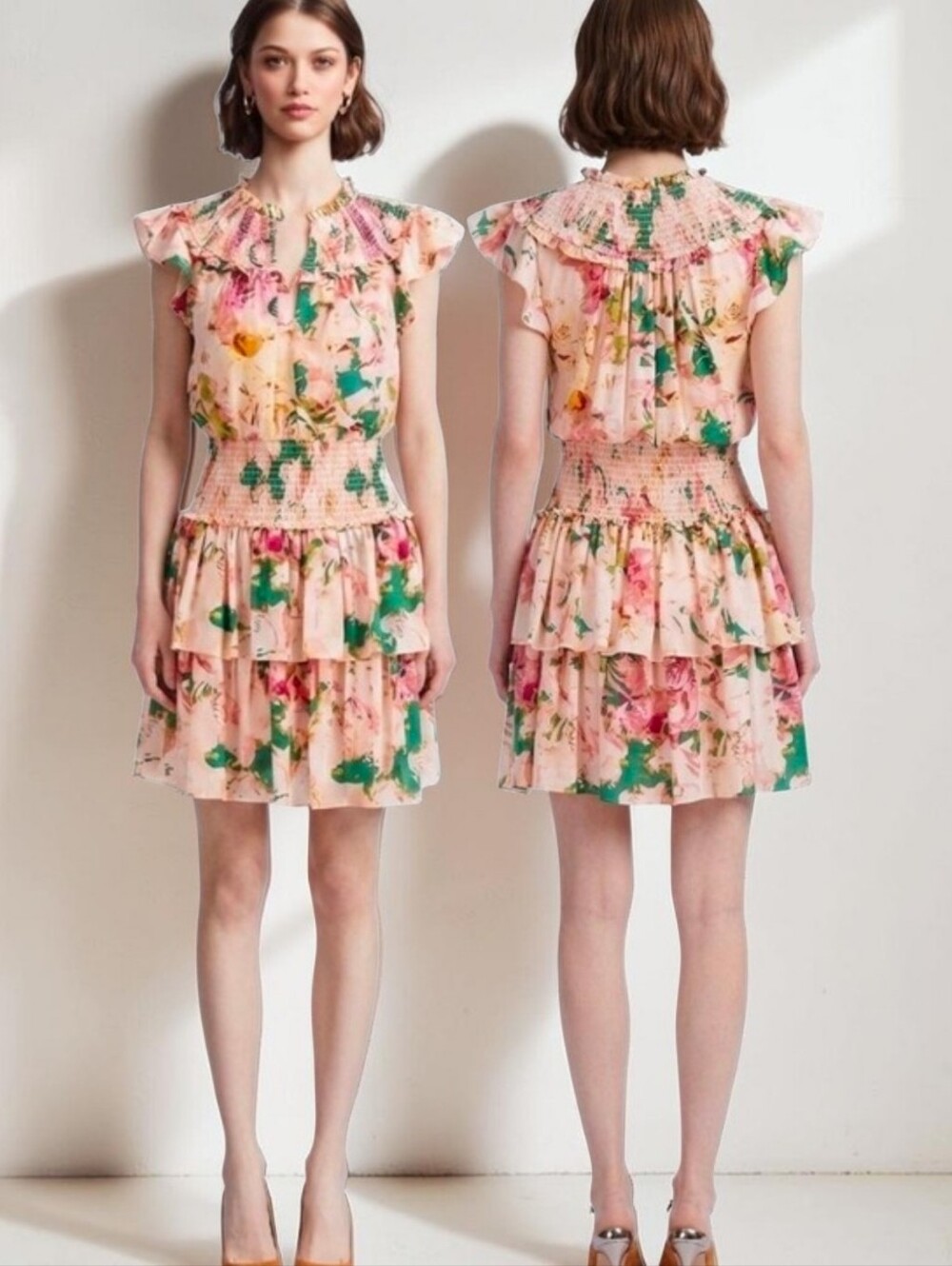 BCBGMAXAZRIA Floral Print Ruffled Mini Dress - Size M